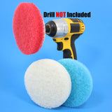 Bathroom Cleaning Power Scrubber Scouring Pad Kit (part number 5inch-rd-wh-blu-4in-Velcro-bcker)